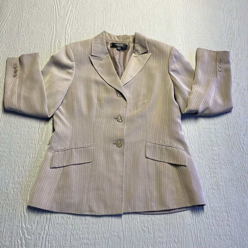 KASPER Women's Blazer Single Breasted Jacket 12P Brown Stripped Career Office